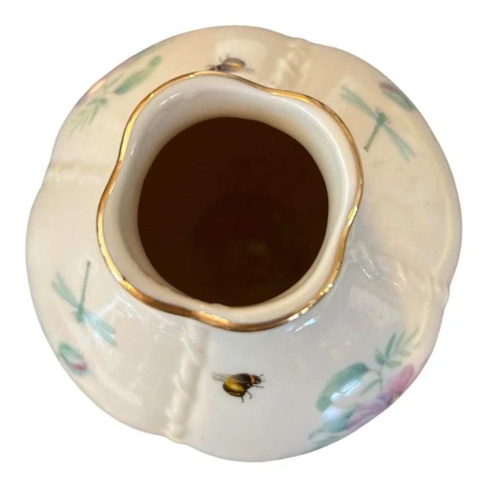 Lenox Vase Morningside Cottage Pattern with Flowers Dragonflies & Bees Gold Trim